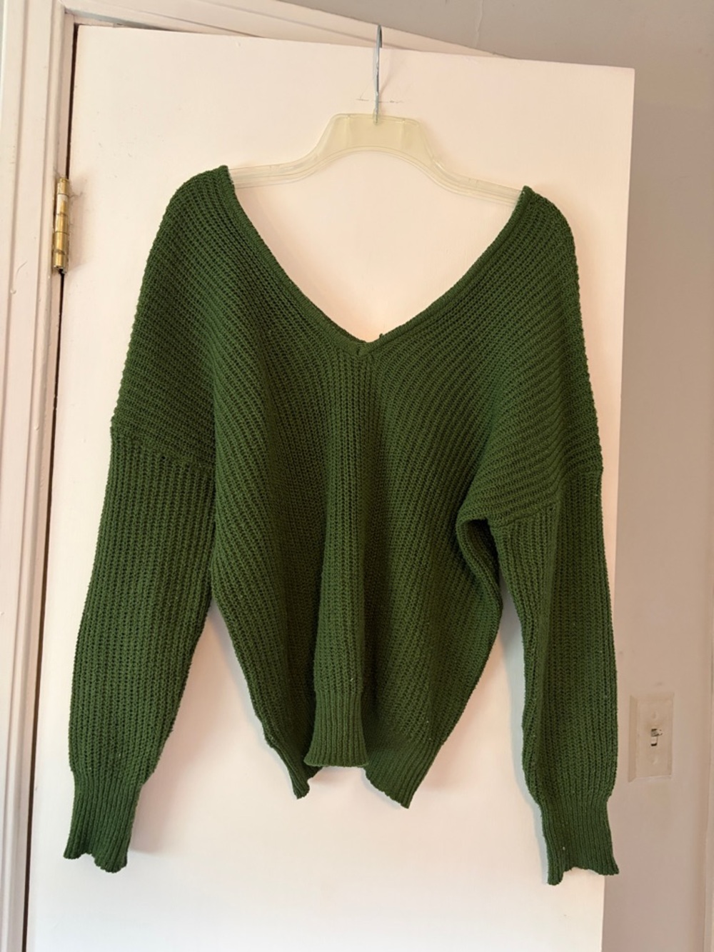 SHEIN Olive Green Off-Shoulder V-Neck Chunky Knit Sweater